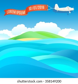 Flying vintage plane with banner and ocean, sea landscape. Vector illustration, template for text
