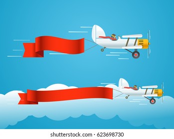 Flying vintage plane with banners. Template for a text