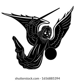 Flying vintage warrior angel holding sword. Medieval motif. Black and white silhouette. Isolated vector illustration.	