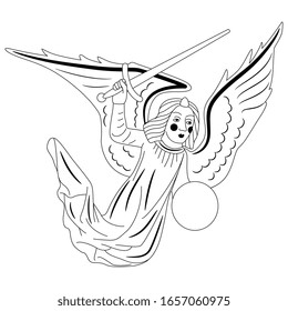 Flying vintage warrior angel holding sword. Medieval motif. Black and white linear silhouette. Isolated vector illustration.	