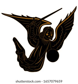 Flying vintage warrior angel holding sword. Medieval motif. Isolated vector illustration. Monochrome silhouette.