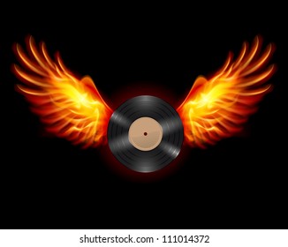 Flying Vinyl LP record, on wings of fire