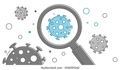 Flying virus molecules in the air.Linear minimalist illustration.Finds a new strain of coronavirus.Blue virus under a magnifying glass.