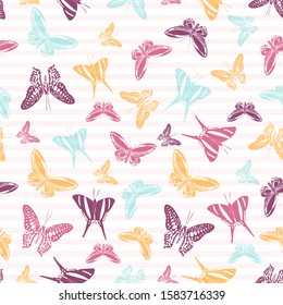 Flying vivid butterfly silhouettes over horizontal stripes vector seamless pattern. Cartoon fabric print design. Stripes and butterfly garden insect silhouettes seamless design.