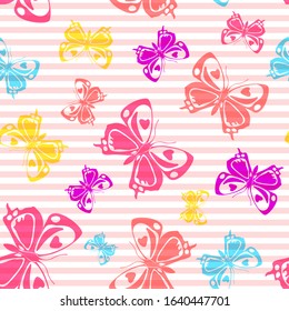 Flying vivid butterfly silhouettes over horizontal stripes vector seamless pattern. Baby clothing fabric print design. Lines and butterfly winged insect silhouettes seamless pattern.
