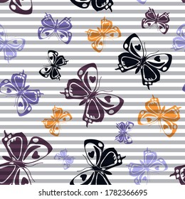 Flying vivid butterfly silhouettes over horizontal stripes vector seamless pattern. Vintage textile print design. Stripes and butterfly garden insect silhouettes seamless illustration.