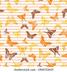 Flying vivid butterfly silhouettes over horizontal stripes vector seamless pattern. Cartoon textile print design. Stripes and butterfly garden insect silhouettes seamless wallpaper.