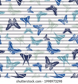 Flying vivid butterfly silhouettes over striped background vector seamless pattern. Girlish fashion fabric print design. Lines and butterfly winged insect silhouettes seamless pattern.