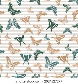 Flying vivid butterfly silhouettes over horizontal stripes vector seamless pattern. Girlish fashion textile print design. Lines and butterfly winged insect silhouettes seamless pattern.