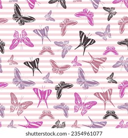 Flying vivid butterfly silhouettes over horizontal stripes vector seamless pattern. Cartoon textile print design. Stripes and butterfly garden insect silhouettes seamless pattern.