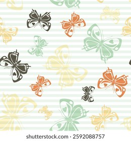 Flying vivid butterfly silhouettes over horizontal stripes vector seamless pattern. Childish fashion fabric print design. Stripes and butterfly winged insect silhouettes seamless pattern.