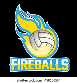 Flying volleyball ball with green fire flames on dark background. Design element. Vintage item. Modern professional logo for sport team
