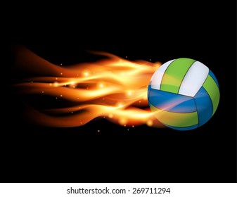 A flying volleyball with a flaming fire tail illustration. Vector EPS 10. EPS file contains transparencies and a gradient mesh.