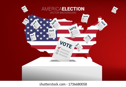 flying vote paper put in election box with America flag in map. concept for USA election vote theme background.