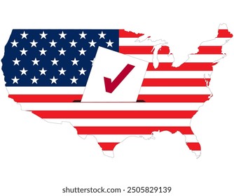 Papel de voto volador puesto en la casilla de elección con la bandera de Estados Unidos en el mapa. concepto para fondo de tema de voto de elección de Estados Unidos.