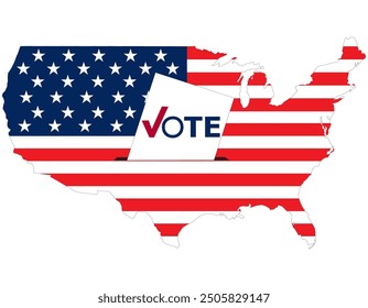 Flying vote paper put in election box with America flag in map. concept for USA election vote theme background.
