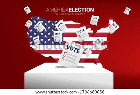 flying vote paper put in election box with America flag in map. concept for USA election vote theme background.