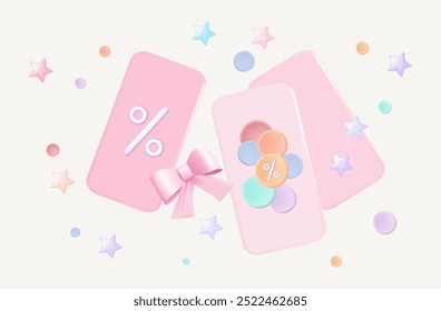 Flying voucher with confetti. Small pieces of paper decoration around a discount coupon. Festive event with reduced interest rates. Pink price sales tag, banner with  advertising. Vector 3d.