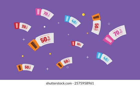 Flying vouchers card cash back template design has a coupon code promotion. Premium special price offers sale coupons.