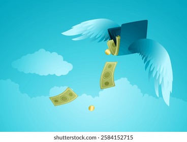 Flying wallet losing money. Symbolizing financial loss, missed opportunities, inflation, overspending, economic struggles, poor money management and high living costs