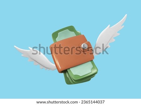 Flying wallet with wings and dollar banknotes isolated on blue background. Lost money concept. Vector 3d illustration