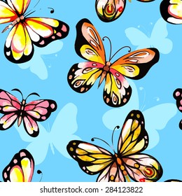 Flying watercolor butterfly seamless pattern. Vector background.