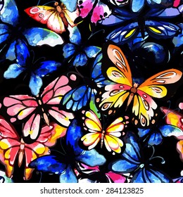 Flying watercolor butterfly seamless pattern. Vector background.