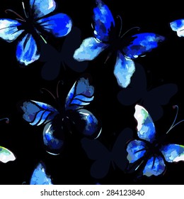 Flying watercolor butterfly seamless pattern. Vector background.