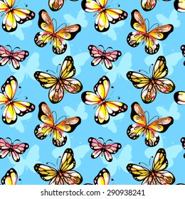 Flying watercolor butterfly seamless pattern. Vector background. Blue background.