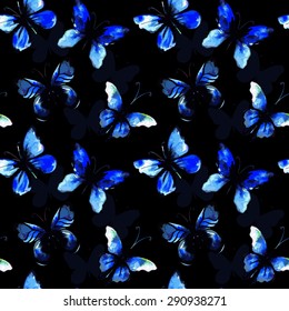 Flying watercolor morpho butterfly seamless pattern. Vector background.