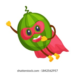 Flying watermelon superhero comic mascot on white background