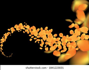 flying wave orange gold vector petals of cempasuchil / marigold flowers isolated on black background commonly used at day of the dead altars in Mexico at night, Dia de los moertos vector illustration