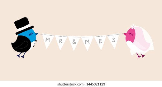 Flying Wedding Birds Groom And Bride Holding Bunting MRS MR