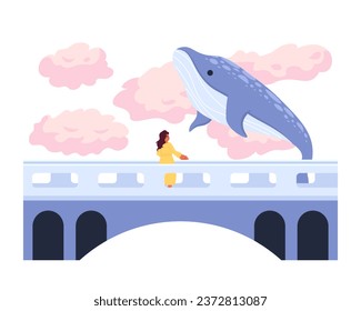 Flying whale above bridge with woman 2D illustration concept. Fairy tale fantasy animal isolated cartoon character, white background. Humpback whale in clouds sky metaphor abstract flat vector graphic