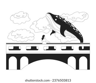Flying whale above bridge with woman black and white 2D illustration concept. Fairy tale fantasy animal isolated cartoon outline character. Humpback whale in clouds sky metaphor monochrome vector art