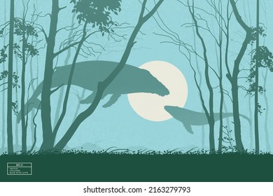 Flying whale. Fantasy animal isolated silhouette. Surreal landscape