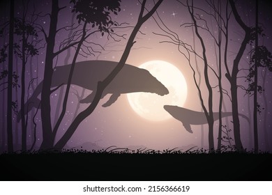 Flying whale. Fantasy animal in night forest. Landscape with full moon