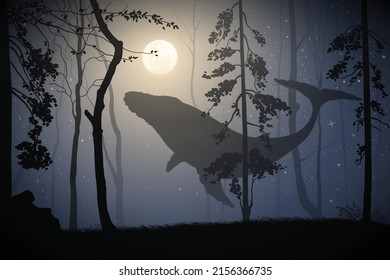 Ballena volando en el bosque. Mosca mística animal. Paisaje nocturno surrealista