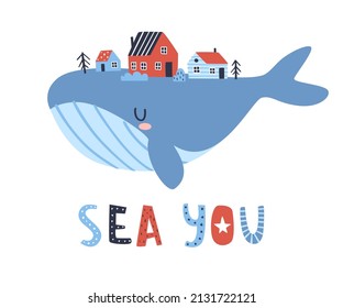 Flying whale with houses on his back. The sperm whale carries houses on its back.
