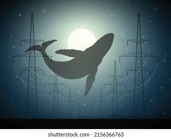 Flying whale at night. Surreal huge animal. Landscape with full moon