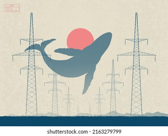 Flying whale. Surreal animal silhouette. Surreal landscape