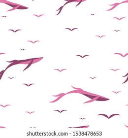 Flying whales and birds. Seamless pattern. Transparent background