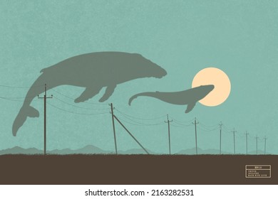 Flying whales. Fantastic animal isolated silhouette. Surreal landscape