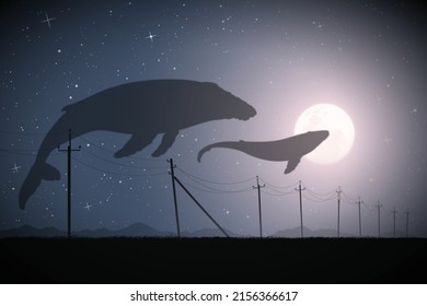 Flying whales in moonlight. Fantastic animal family. Night landscape