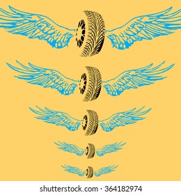 Flying wheels with wings suitable for emblem, logo, sign or tattoo Vector Illustration. Set of flying wheels