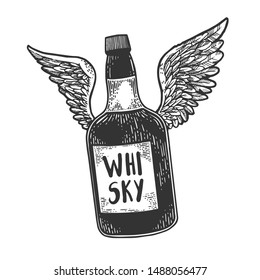 Flying whiskey alcohol bottle with wings sketch engraving vector illustration. Scratch board style imitation. Black and white hand drawn image.