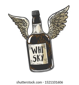 Flying whiskey alcohol bottle with wings sketch engraving vector illustration. Scratch board style imitation. Black and white hand drawn image.