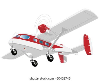 flying white aircraft with red stripe on fuselage