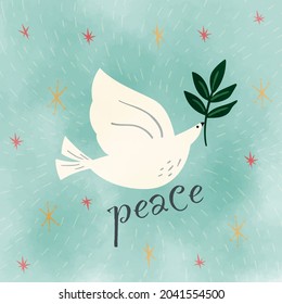 flying white bird with leaf.water color vector illustration.