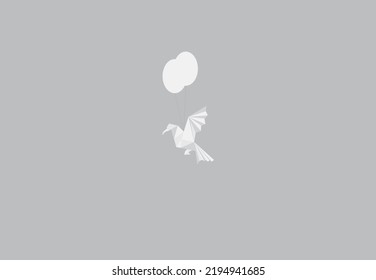 Flying white bird origami paper craft style with balloons in grey background